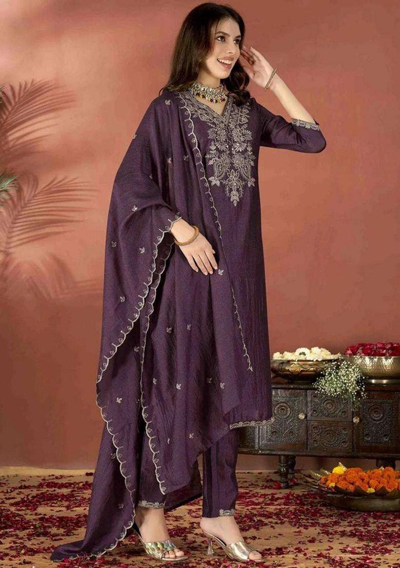 Purple Embroidery Silk Blend Kurta Set - Indya