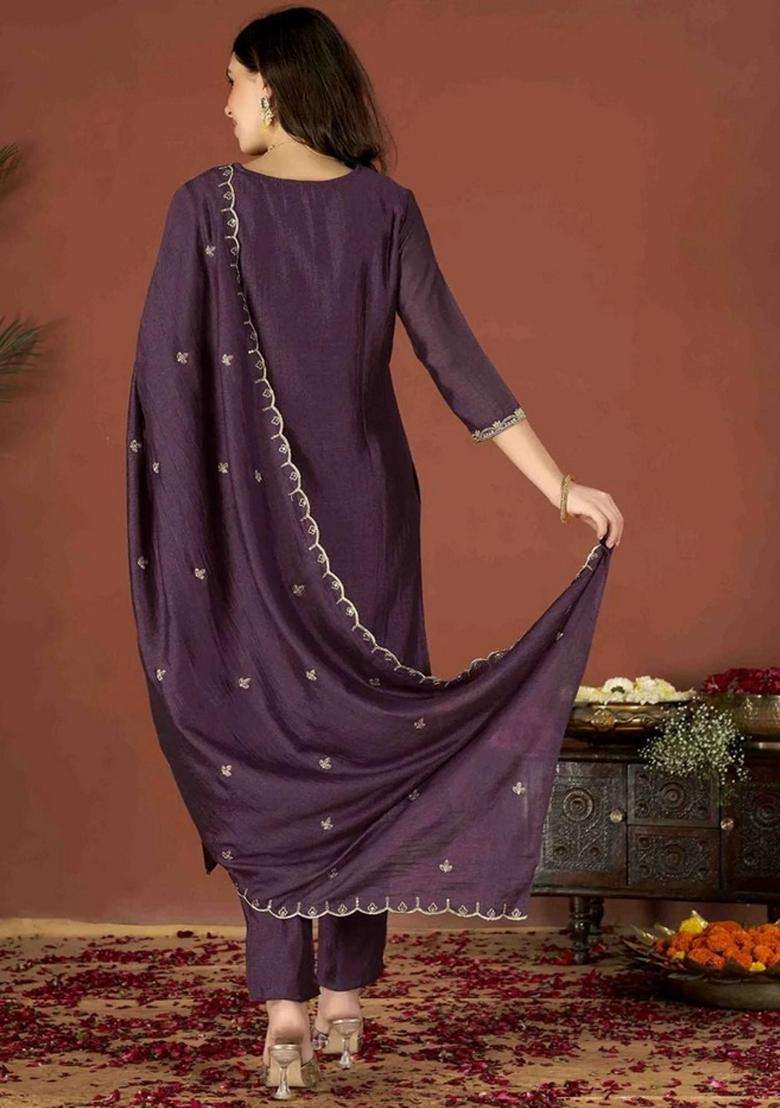 Purple Embroidery Silk Blend Kurta Set - Indya