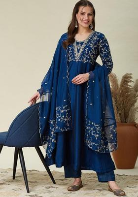 Blue Embroidery Georgette Anarkali Set