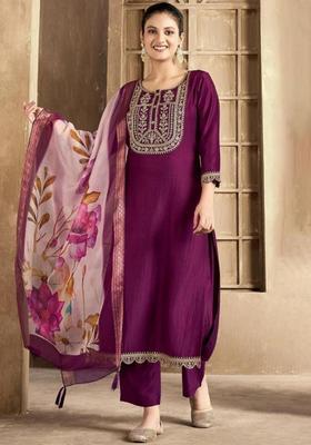 Purple Embroidery Cotton Kurta Set