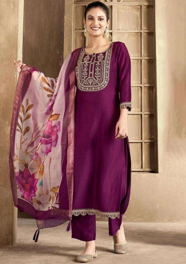 Purple Embroidery Cotton Kurta Set - Indya
