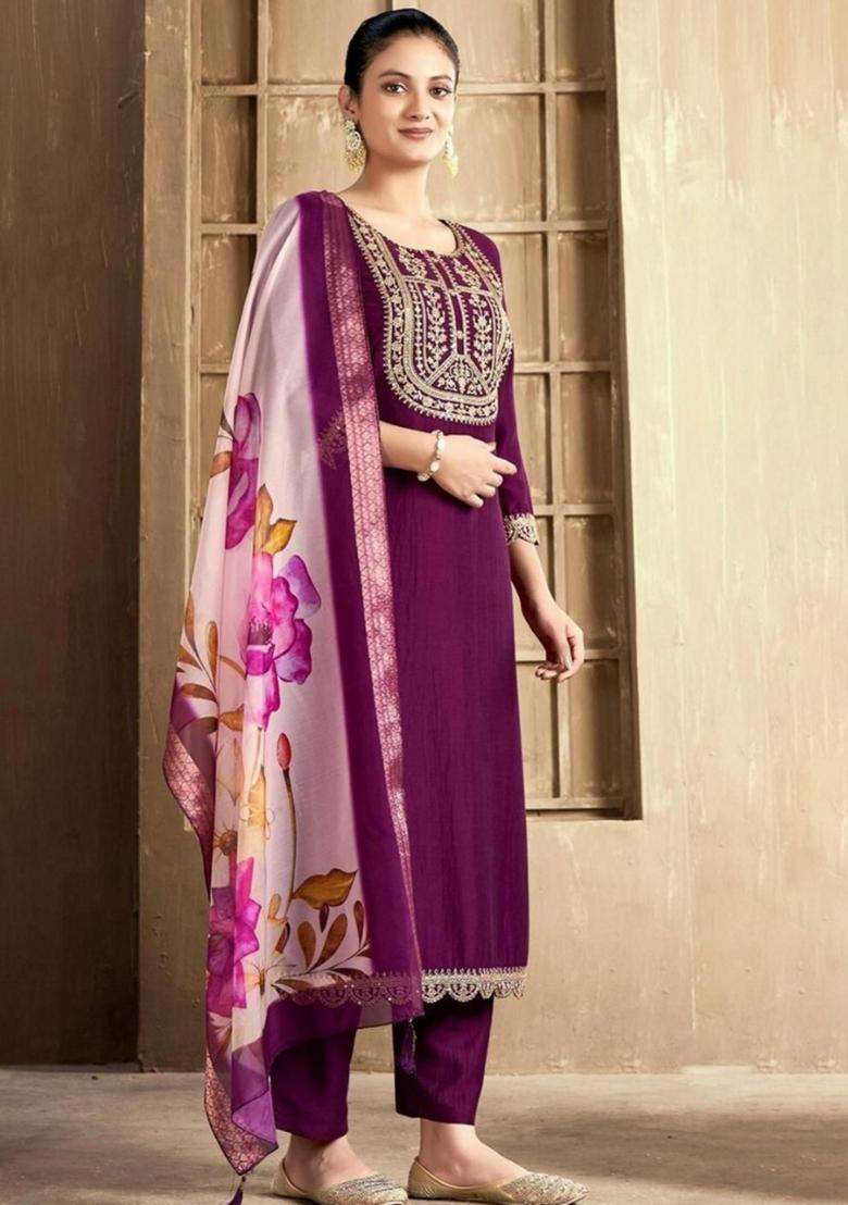Purple Embroidery Cotton Kurta Set - Indya
