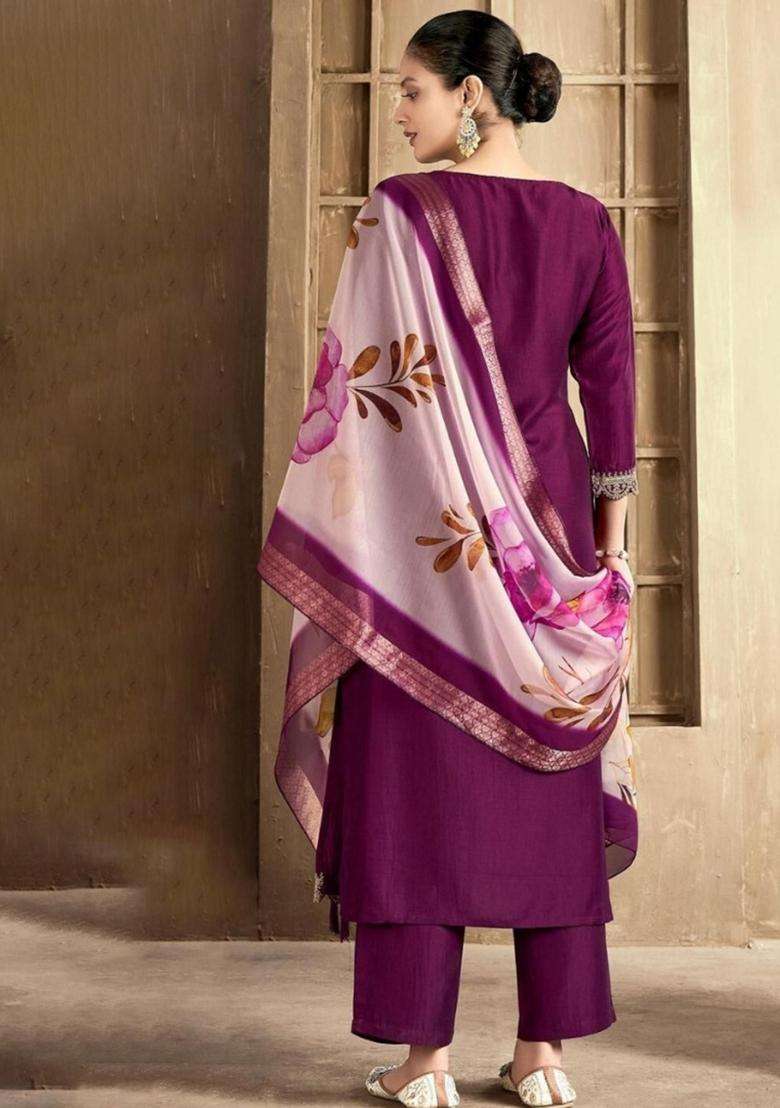 Purple Embroidery Cotton Kurta Set - Indya