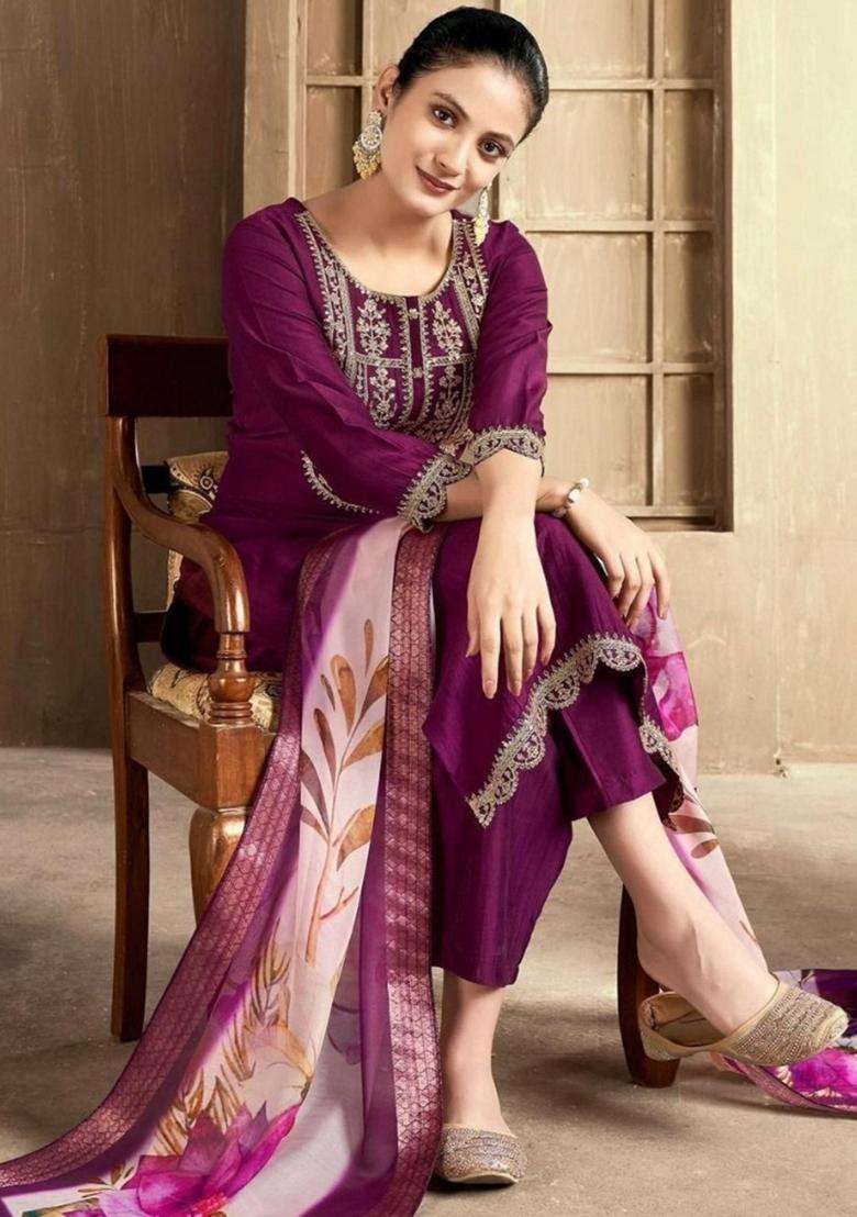 Purple Embroidery Cotton Kurta Set - Indya