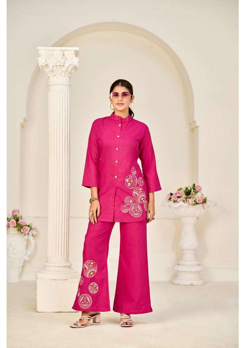 Pink Embroidery Viscose Co-Ord Set - Indya