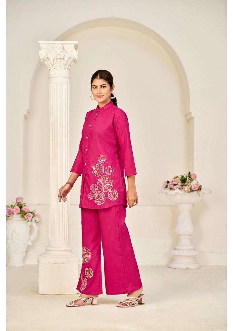 Pink Embroidery Viscose Co-Ord Set - Indya