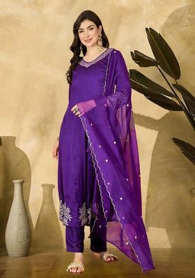 Purple Embroidery Silk Anarkali Set