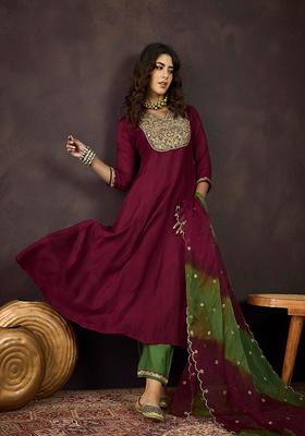 Maroon Embroidery Silk Anarkali Set