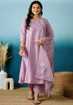 Lavender Embroidery Silk Anarkali Set
