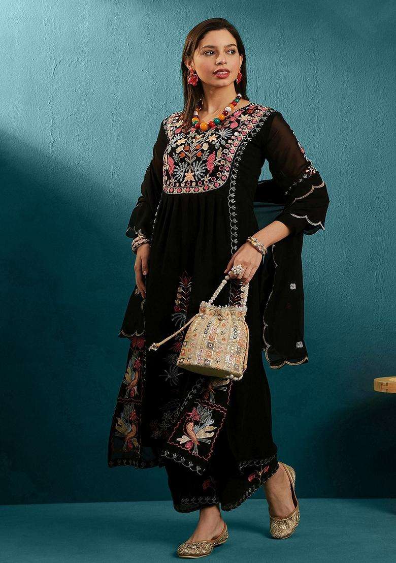 Black Embroidery Georgette Kurta Set - Indya