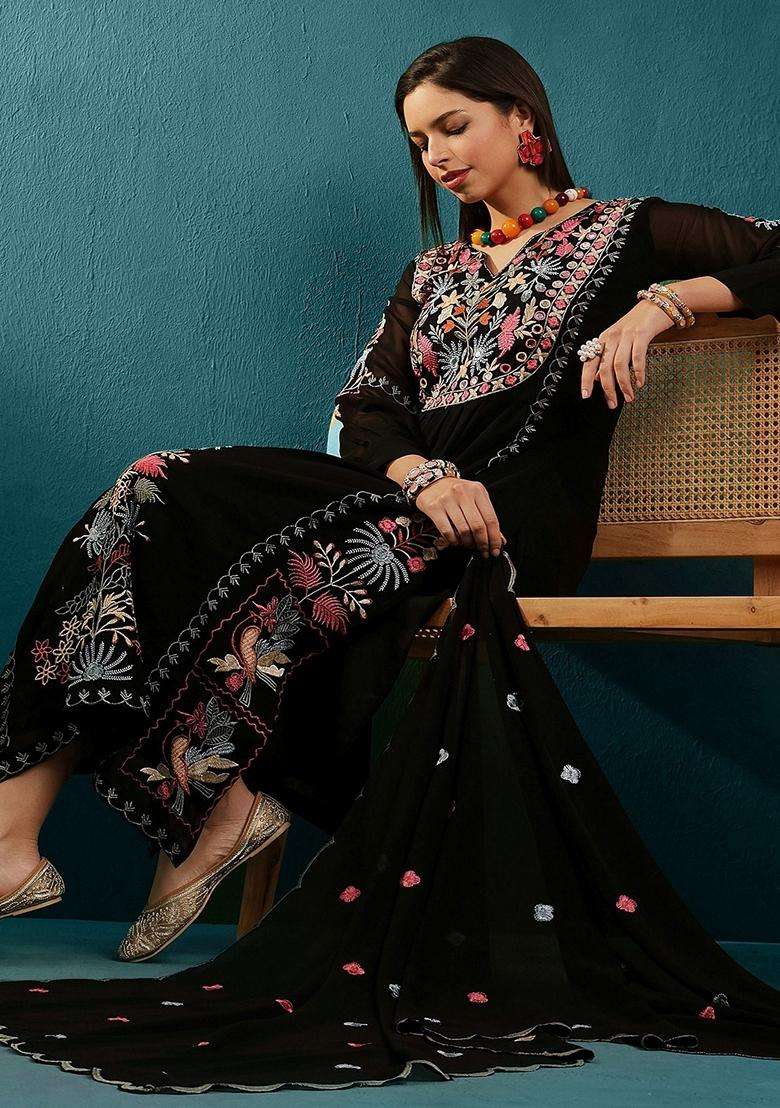 Black Embroidery Georgette Kurta Set - Indya