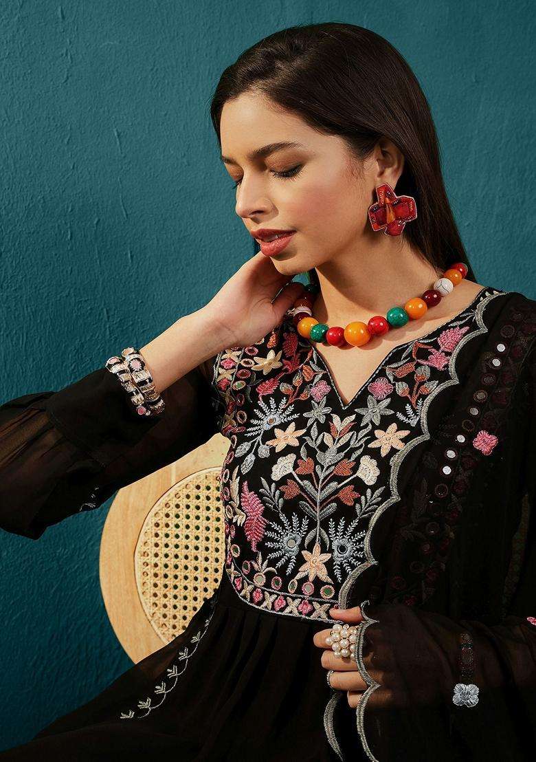 Black Embroidery Georgette Kurta Set - Indya