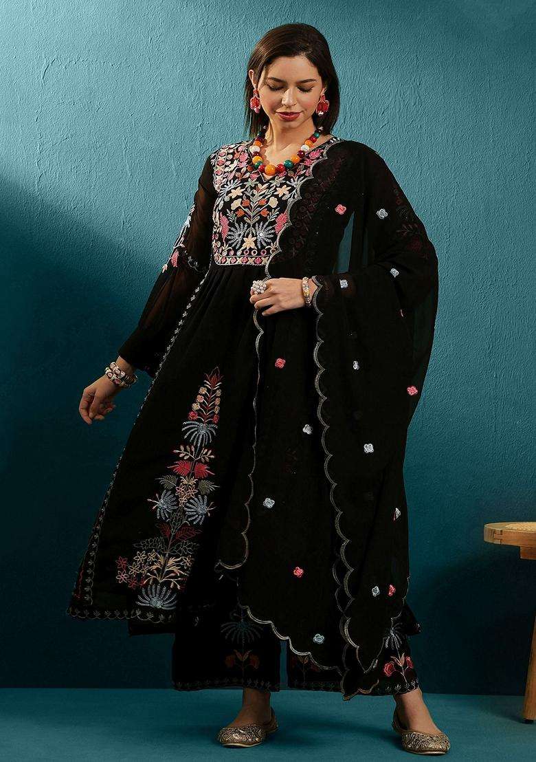Black Embroidery Georgette Kurta Set - Indya