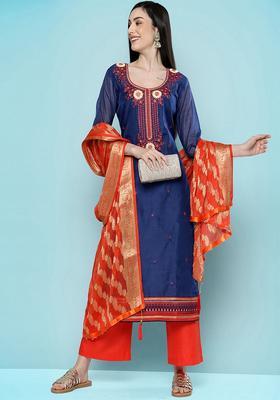 Blue Embroidery Silk Kurta Set