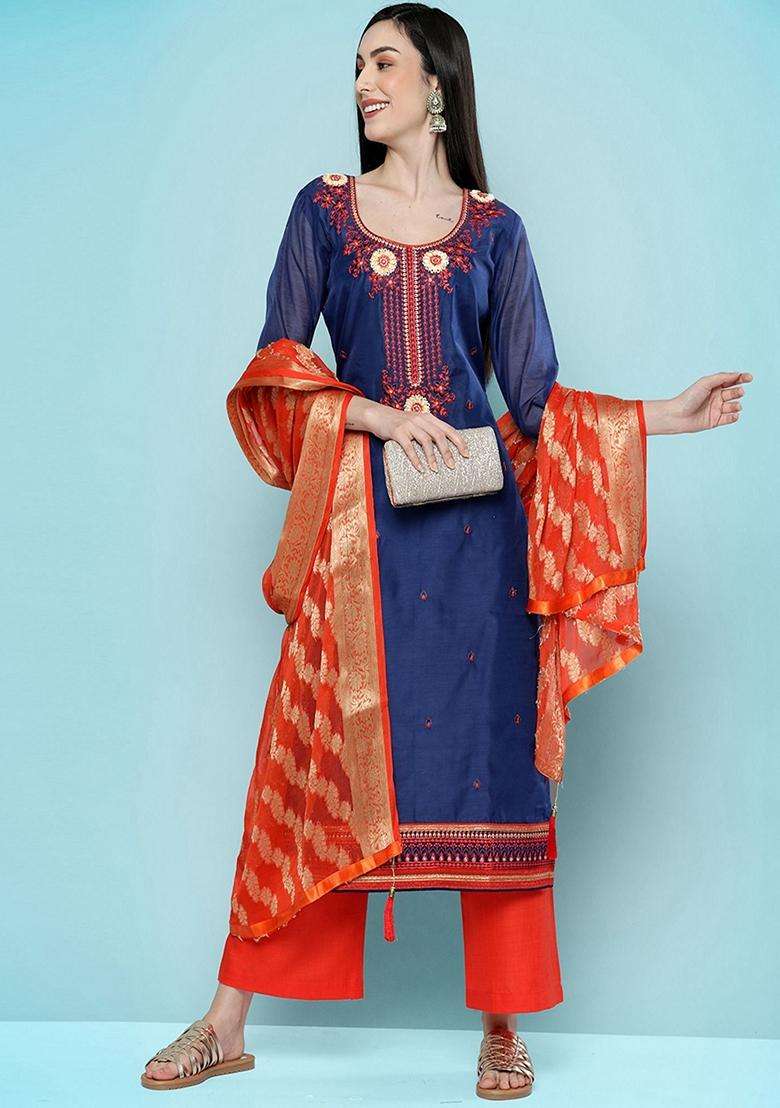 Blue Embroidery Silk Blend Kurta Set - Indya