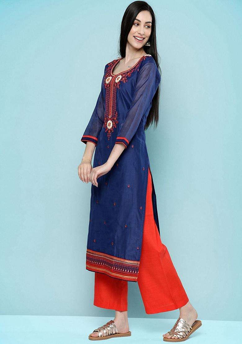 Blue Embroidery Silk Blend Kurta Set - Indya