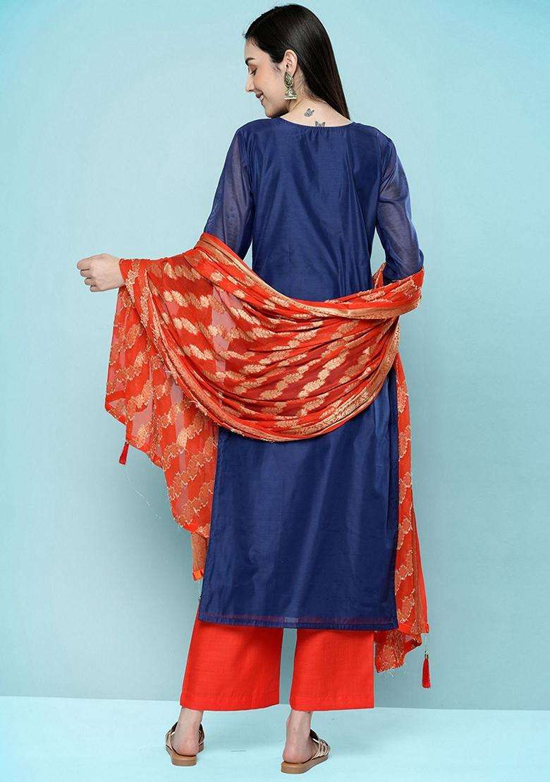 Blue Embroidery Silk Blend Kurta Set - Indya