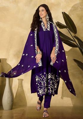Purple Embroidery Silk Anarkali Set