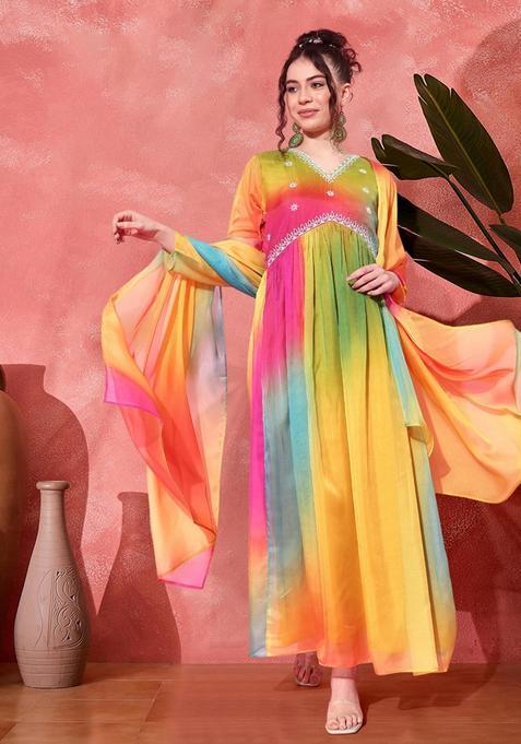 Multicolor Tie And Dye Organza Anarkali With Dupatta Set — view on Indya
