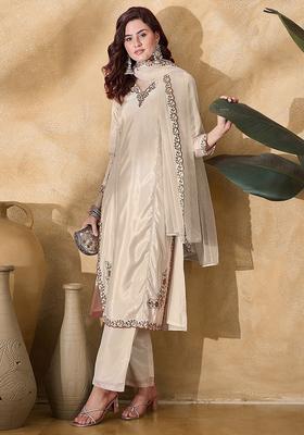 Cream Embroidery Silk Kurta Set
