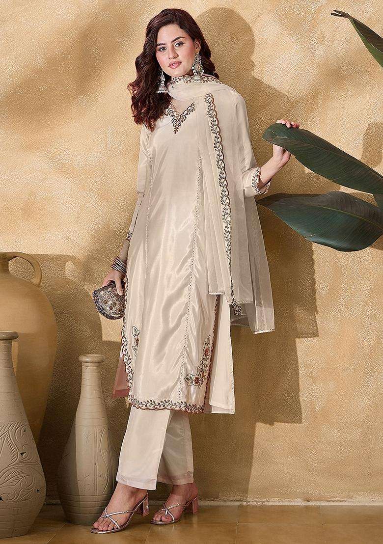 Cream Embroidery Silk Blend Kurta Set - Indya