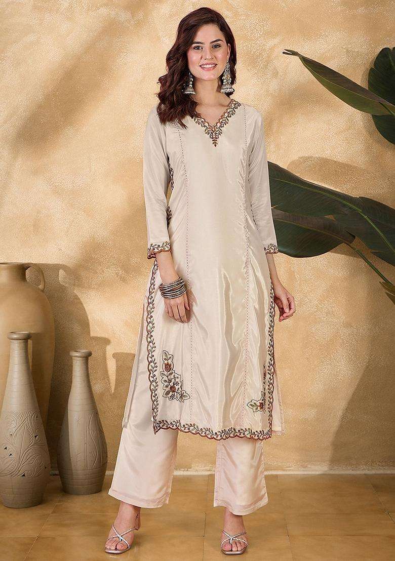 Cream Embroidery Silk Blend Kurta Set - Indya