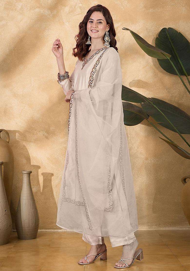 Cream Embroidery Silk Blend Kurta Set - Indya