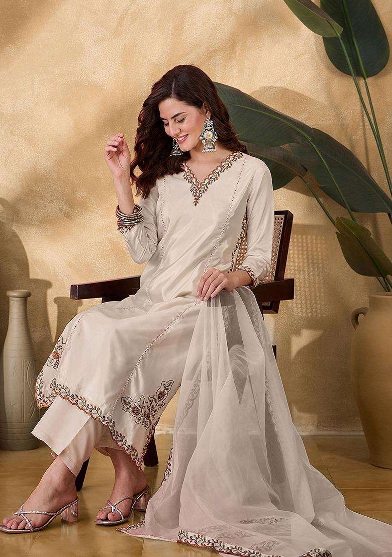 Cream Embroidery Silk Blend Kurta Set - Indya