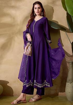 Purple Embroidery Silk Anarkali Set