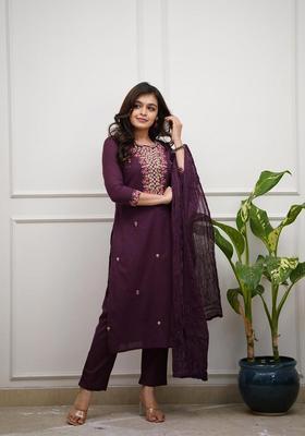 Wine Embroidery Viscose Kurta Set