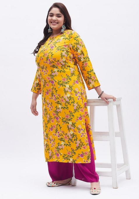 Yellow Floral Rayon Palazzo Set — view on Indya