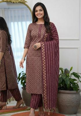 Wine Embroidery Cotton Kurta Set