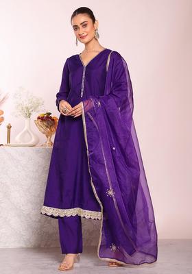 Purple Embroidery Silk Kurta Set