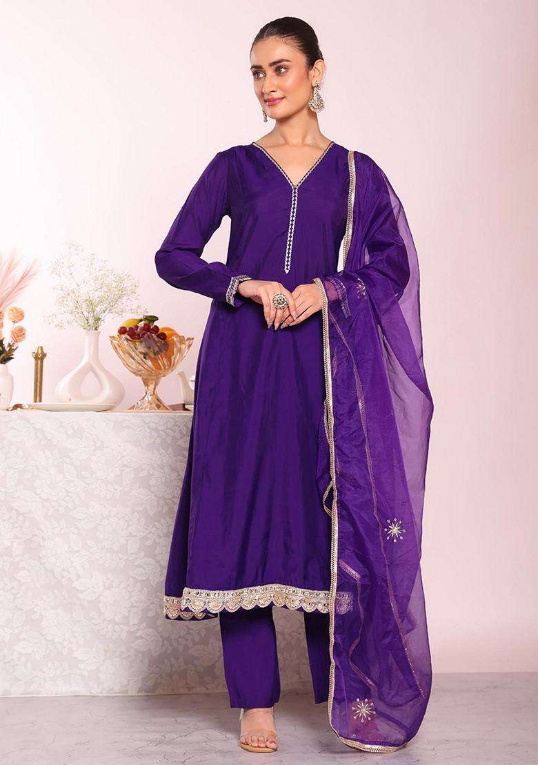 Purple Embroidery Silk Blend Kurta Set - Indya