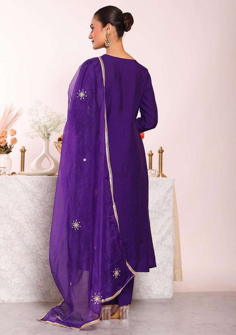 Purple Embroidery Silk Blend Kurta Set - Indya