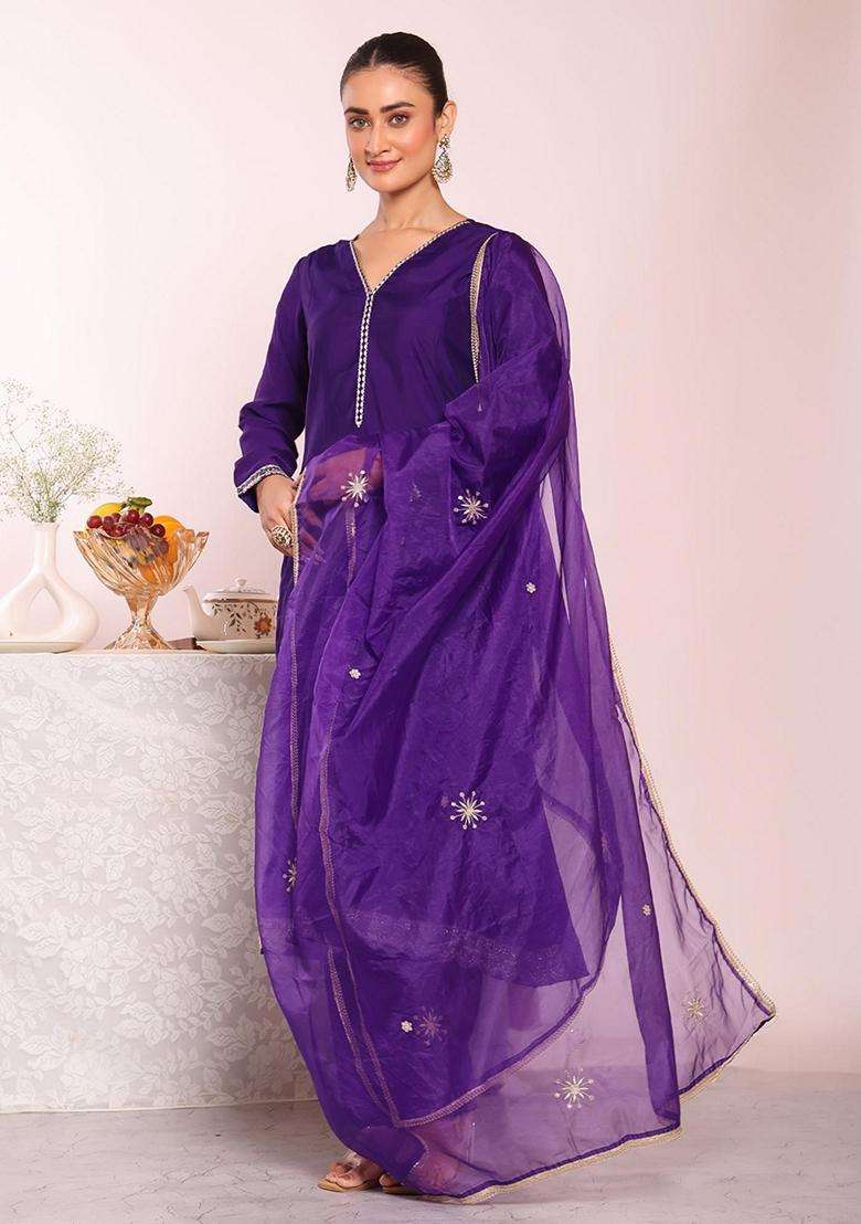 Purple Embroidery Silk Blend Kurta Set - Indya