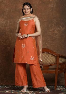 Rust Embroidery Silk Kurta Set