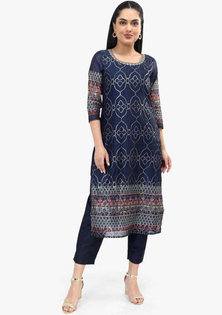 Navy Blue Printed Viscose Kurta Set - Indya