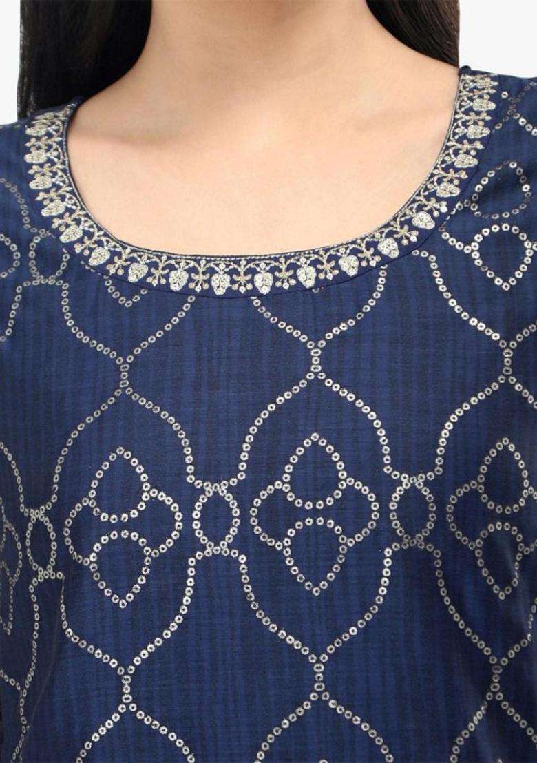 Navy Blue Printed Viscose Kurta Set - Indya