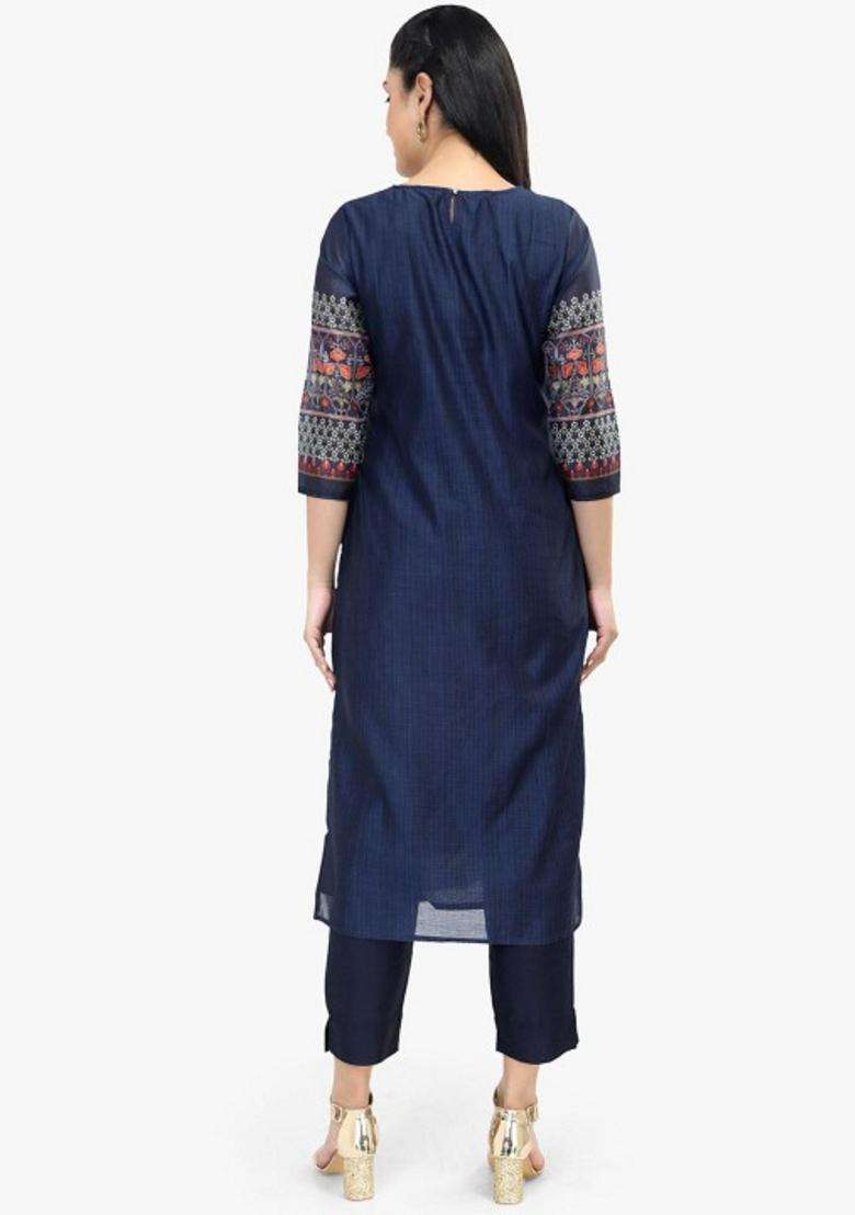 Navy Blue Printed Viscose Kurta Set - Indya