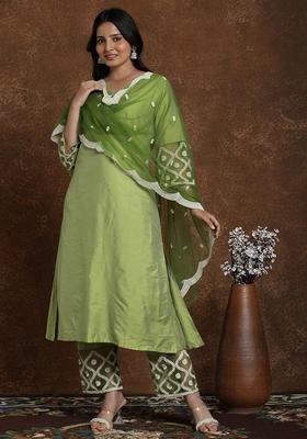 Green Embroidery Silk Kurta Set
