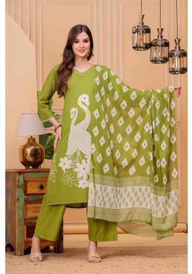 Green Printed Cotton Kurta Set