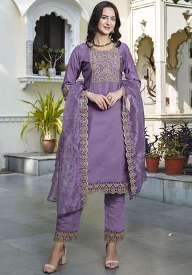 Purple Embroidery Cotton Kurta Set