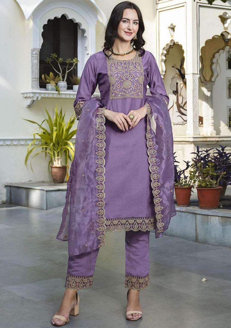 Purple Embroidery Cotton Kurta Set - Indya