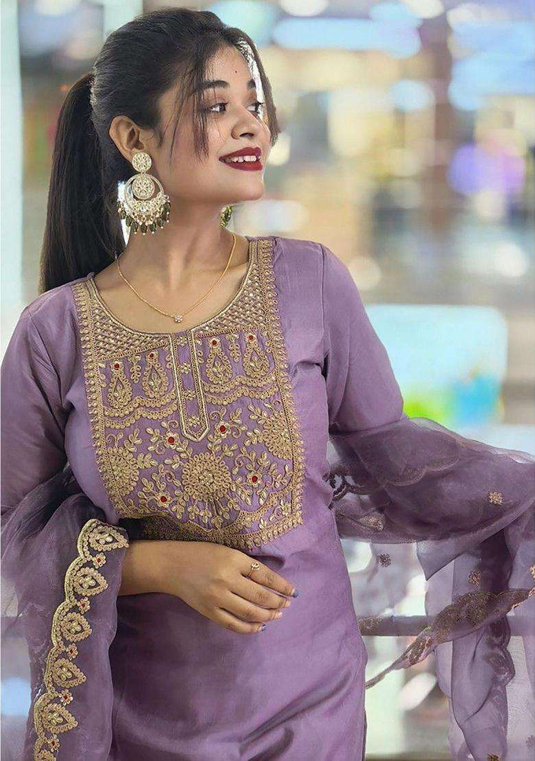 Purple Embroidery Cotton Kurta Set - Indya