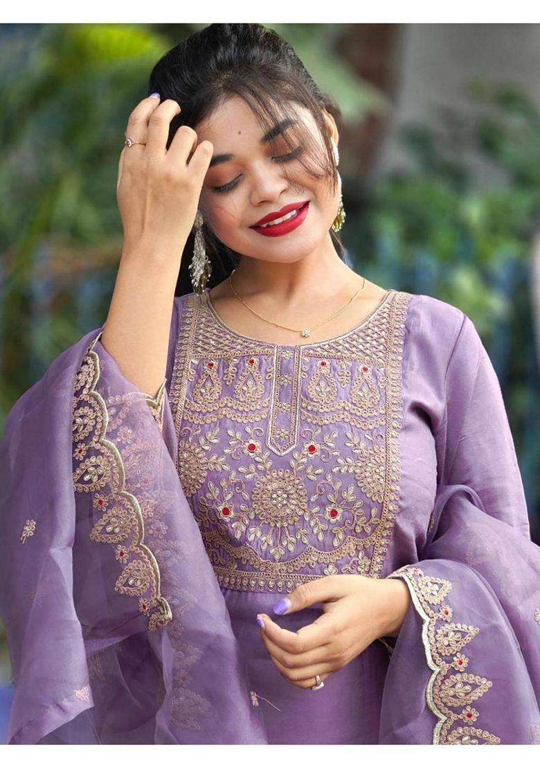 Purple Embroidery Cotton Kurta Set - Indya
