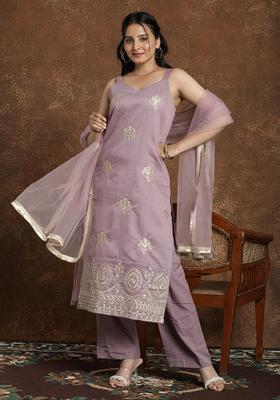 Purple Embroidery Silk Kurta Set