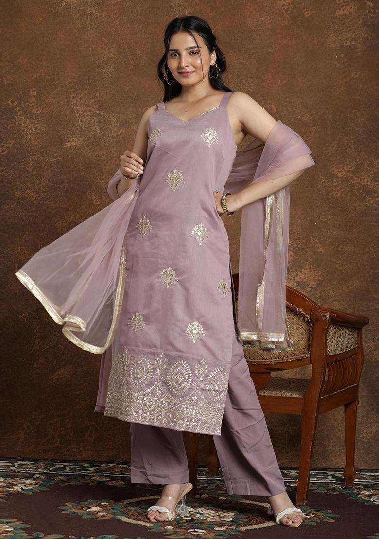 Purple Embroidery Silk Blend Kurta Set - Indya