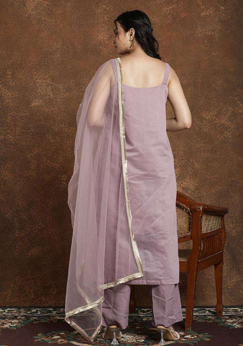 Purple Embroidery Silk Blend Kurta Set - Indya