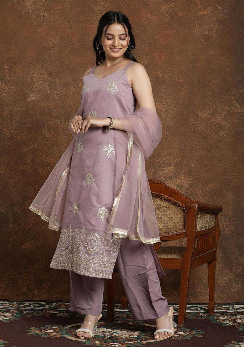 Purple Embroidery Silk Blend Kurta Set - Indya
